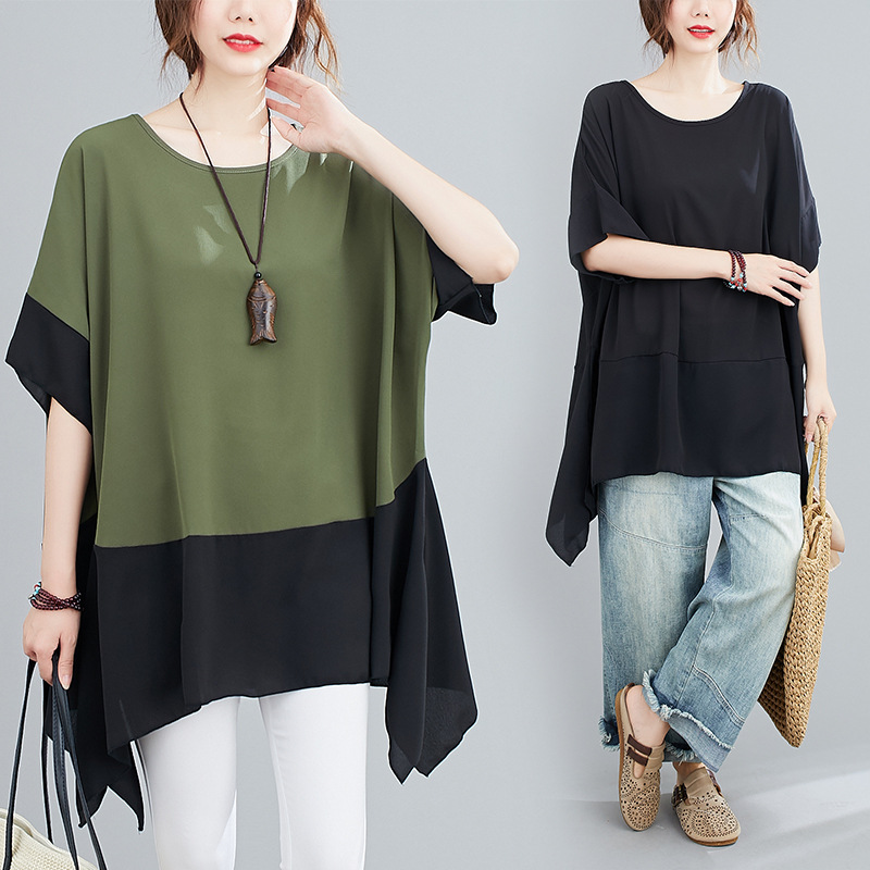 300kg 초대형 플러스 사이즈 여성 여름 통통녀 느슨한 새 탑 스티칭 슬림 짧은 소매 배꼽 쉬폰 셔츠
