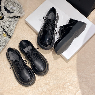 2023 New Women's Shoes Spring British-style Small Leather Shoes Single-layer Shoes Round Toe Lace-up College-style Thick-soled Leather Shoes