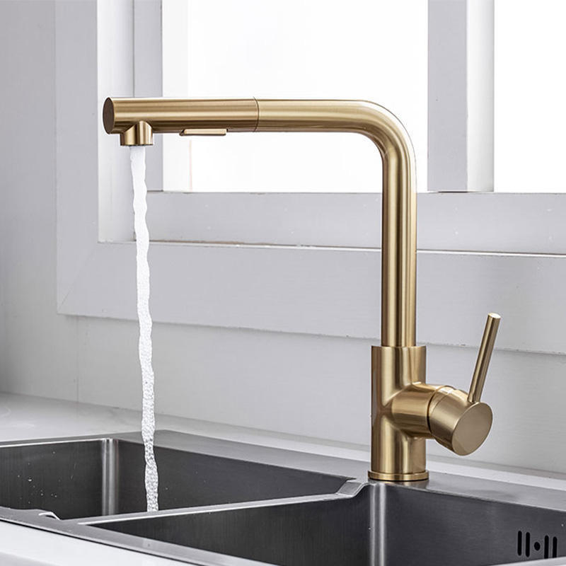304 Stainless Steel Pull-out Faucet Kitchen Sink Wire-drawing Gold Color Kitchen Faucet Pull-out Faucet