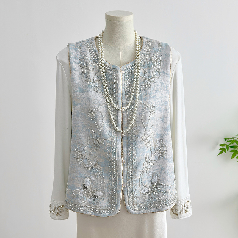 Real Shot of 2026 Spring New Chinese Style Vest with Heavy Beading, Embroidery, Jacquard, Round Neck, Women's Jacket