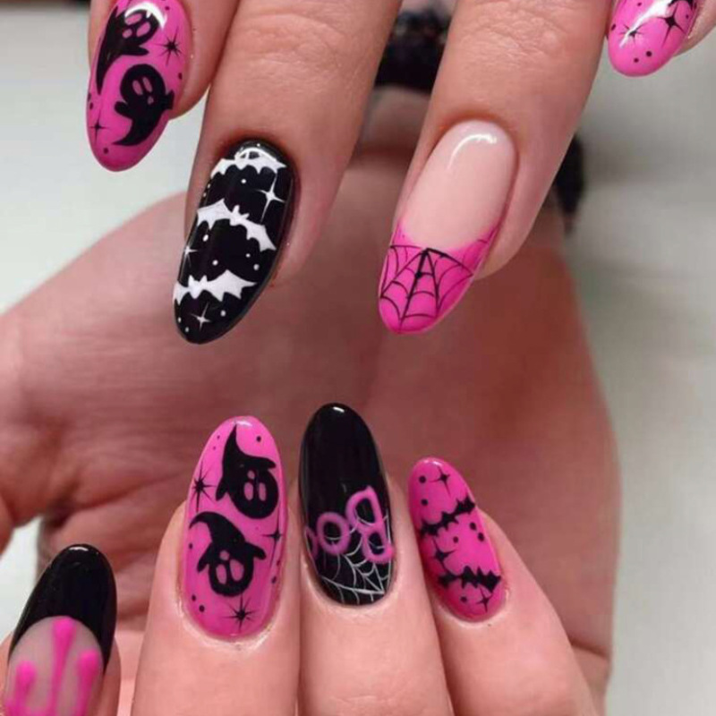 Collection Halloween Short Pointed Round Wearable Nails Spider Web Ghost Fake Nails Cross-Border Supply