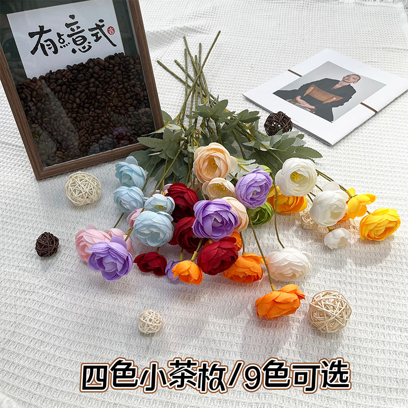 手工绢花4头茶玫长枝瑞典茶玫仿真玫瑰婚礼造景装饰家居摆件假花