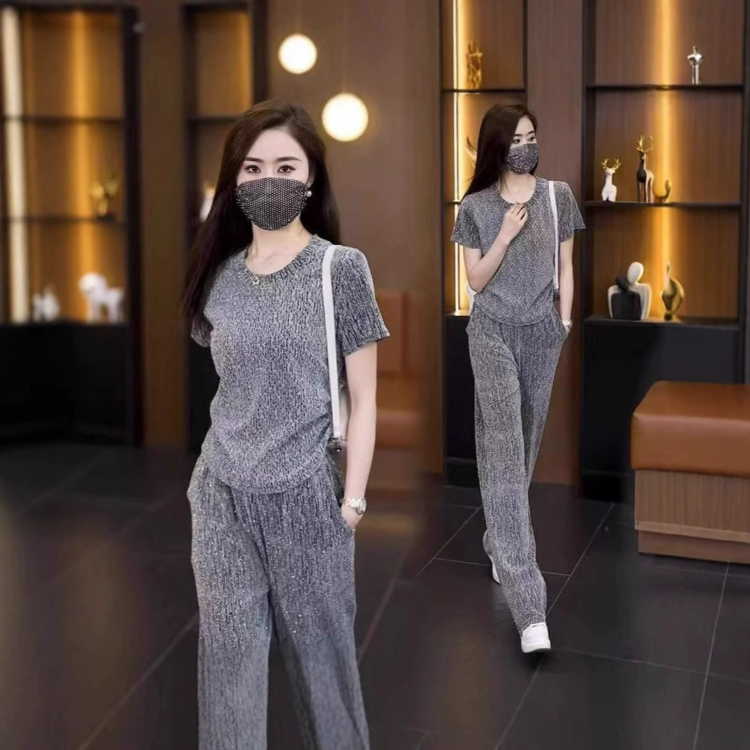 Летняя корейская мода, новая повседневная женская мода больших размеров, элегантная модная футболка и длинные брюки, модный комплект из двух предметов