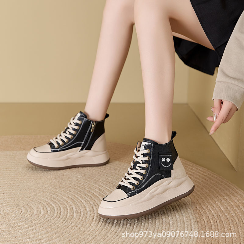 Otoño nuevo cuero casual zapatos individuales para mujeres 2024 pequeño aumento de altura de suela gruesa con cremallera lateral delgada zapatos 550