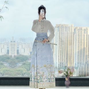 Original Han Dynasty Women's [Floral Fragrance] Ming-Style Horse-Faced Skirt for Daily Work Clothing, Improved Stand-Up Collar, Spring & Fall Style