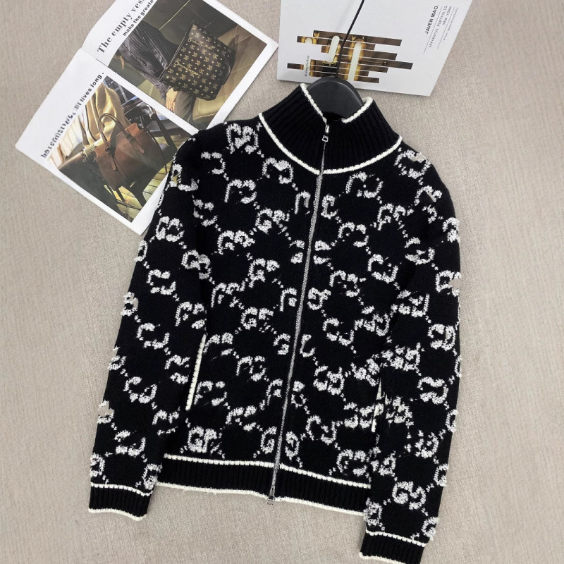 High-End Nanyou g Brand New Towel Embroidery Stand Collar Zipper Double g Full Print Knitted Wool Cardigan Women's Clothing