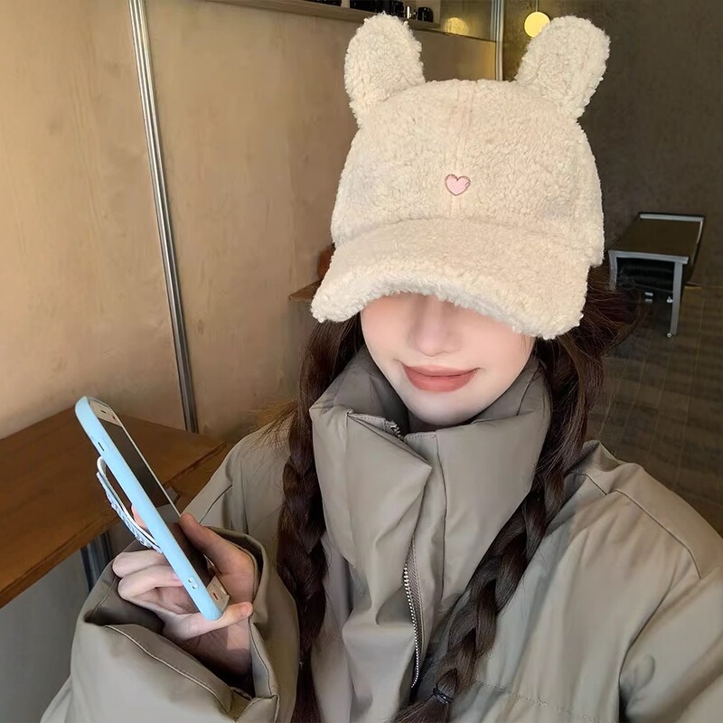 甜美可爱兔耳朵棒球帽子女秋冬羊羔毛绒加厚保暖百搭显脸小鸭舌帽|undefined
