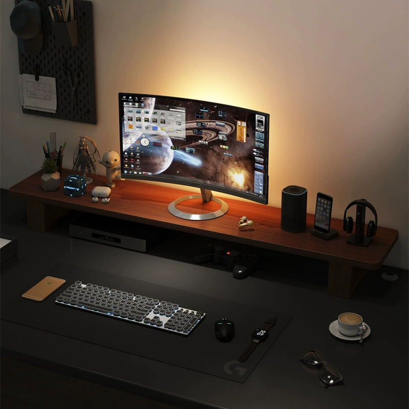 Laptop, LCD display from natural wood, table storage system, support frame