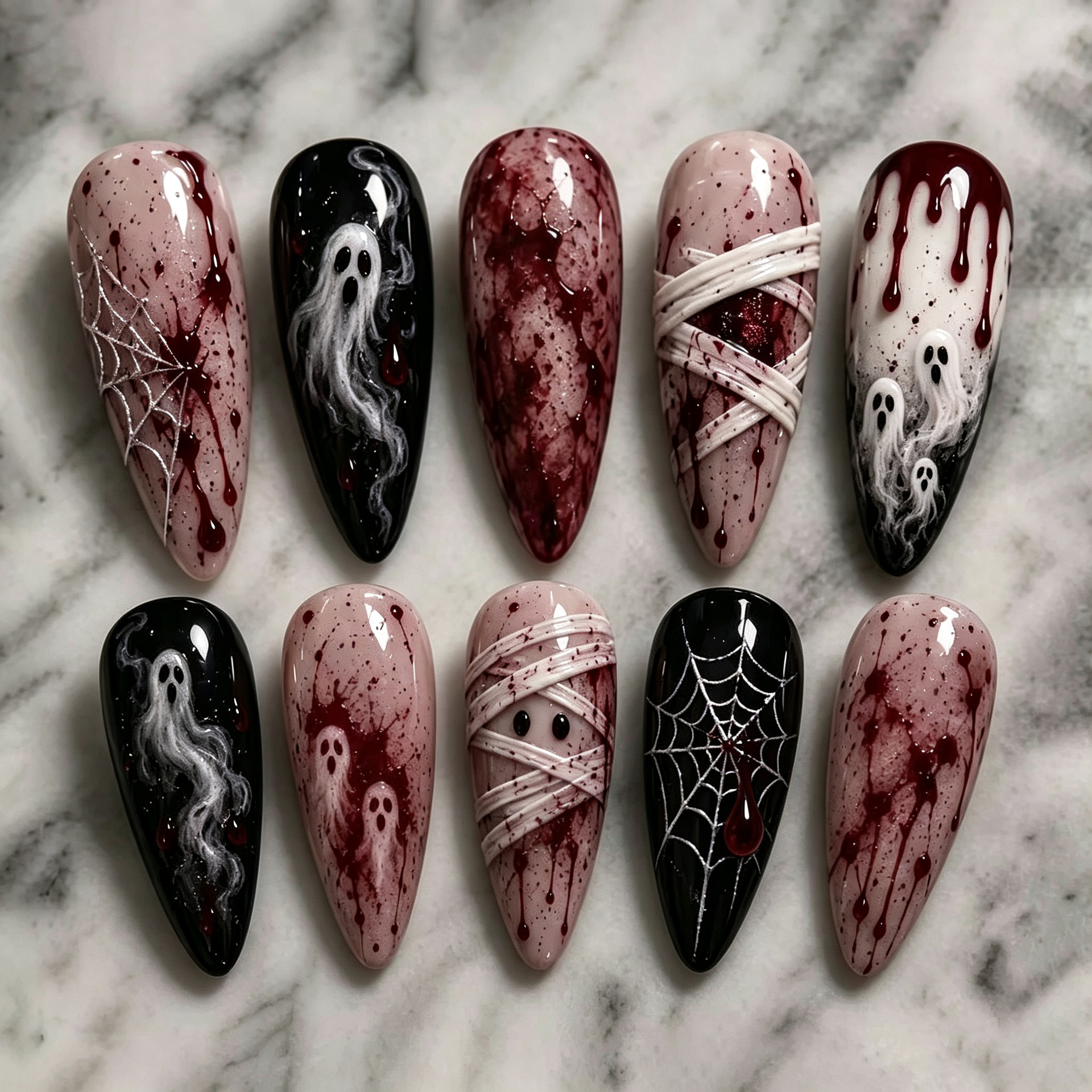 30 pieces of Halloween-themed, hot-selling, bright red blood drop almond-shaped dark nail art, featuring a sweet and cool ghost design with gilded spiderwebs