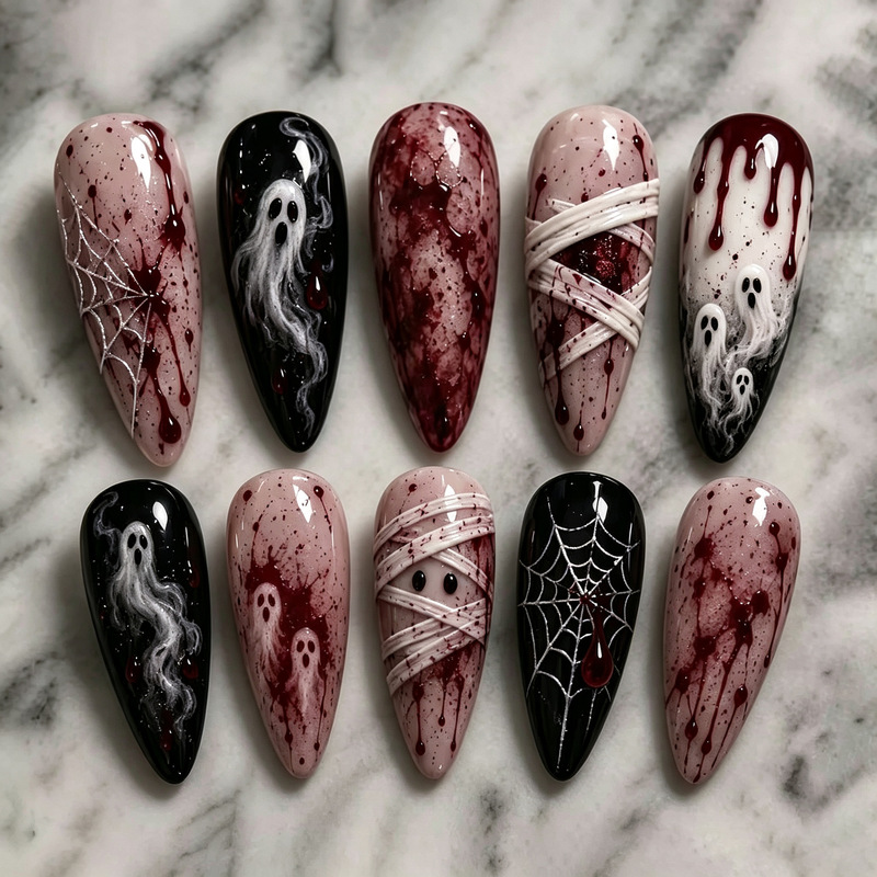 30 pieces of Halloween-themed, hot-selling, bright red blood drop almond-shaped dark nail art, featuring a sweet and cool ghost design with gilded spiderwebs 30 pieces of Halloween-themed, hot-selling, bright red blood drop almond-shaped dark nail art, featuring a sweet and cool ghost design with gilded spiderwebs