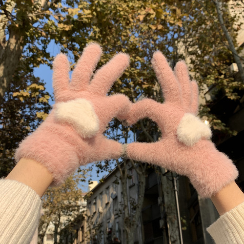 Autumn and winter plus velvet warm touch screen gloves for sweet girls Korean style cute knitted wool split-finger cycling for cold-proof students