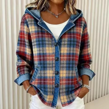 Amazon Autumn and Winter European and American Cross-Border Plaid Loose Women's Hooded Cardigan Top