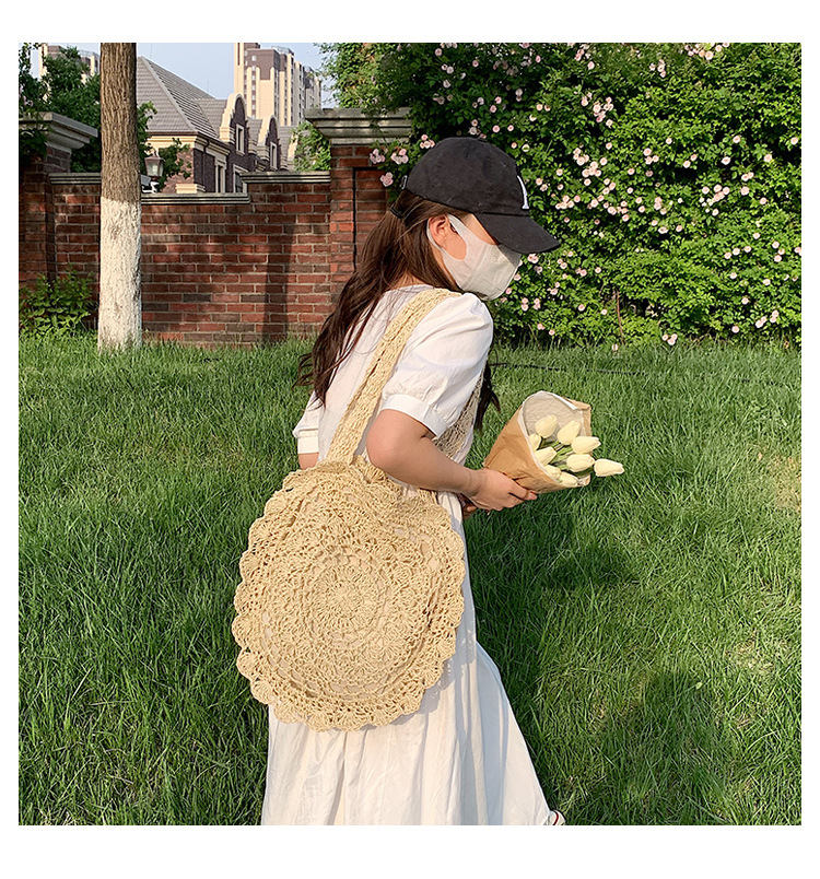 Versione coreana tessuta 2024 nuovo rotondo alla moda corda di carta uncinetto erba borsa tessuta borsa da spiaggia per le vacanze per il tempo libero borsa da donna tessuta_voghion.com