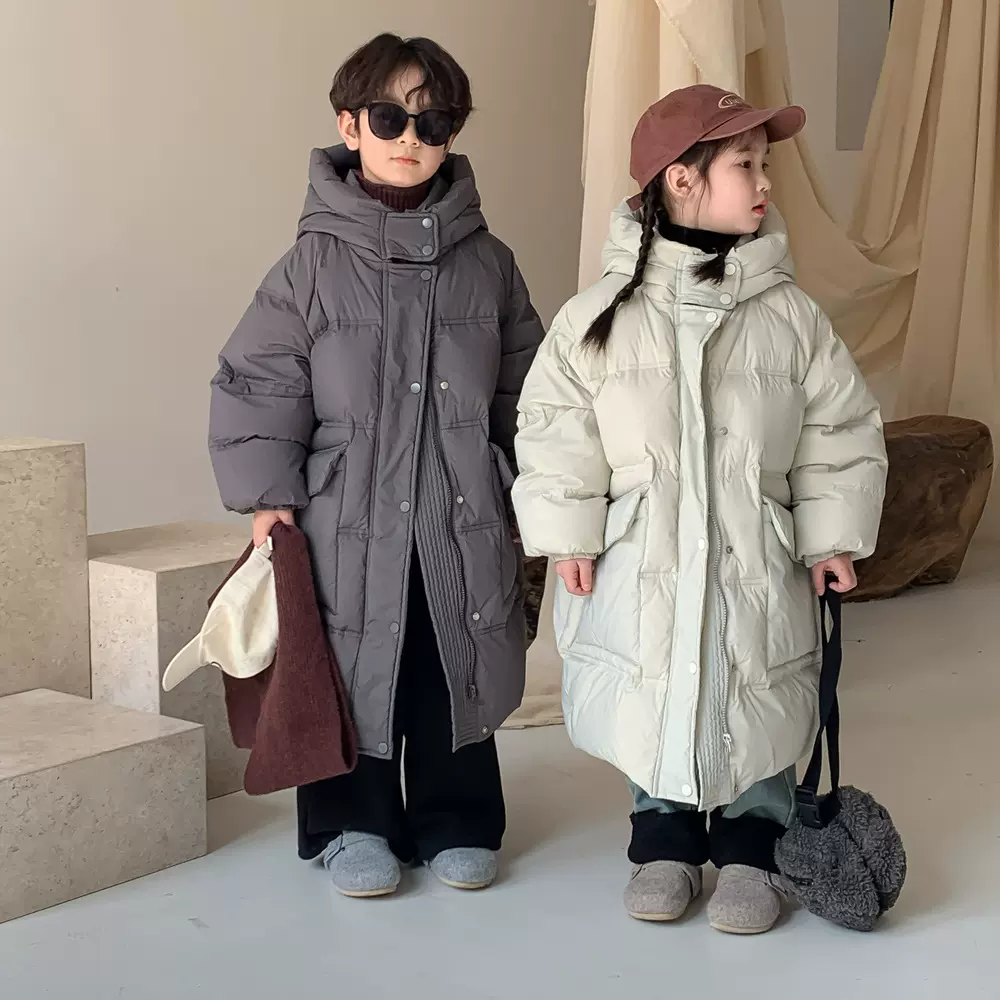 童羽绒服2025冬男女童韩版纯色中长款连帽羽绒服儿童加厚保暖上衣