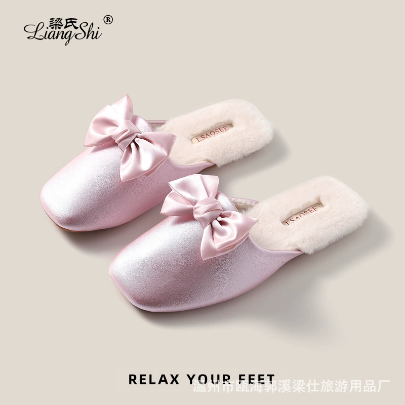 Большие домашние зимние теплые хлопковые тапочки из искусственной кожи с бантом, немые Нескользящие парные говяжьи сухожилия, оптовая продажа в помещении