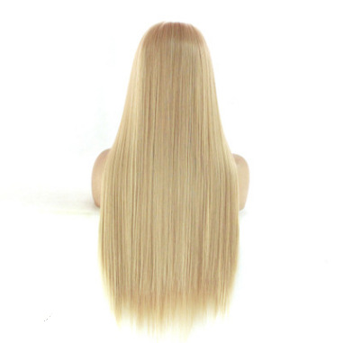 Oro claro largo recto frente de encaje fibra química peluca de seda de alta temperatura gancho de mano fábrica LW0127
