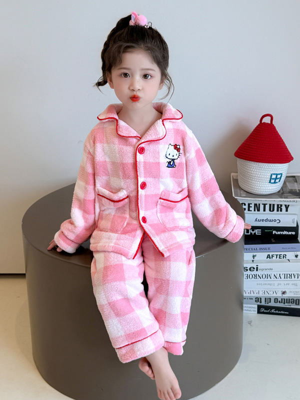 女小童睡衣套装秋冬款2025新款小女孩宝宝格子开衫儿童家居服套装|undefined