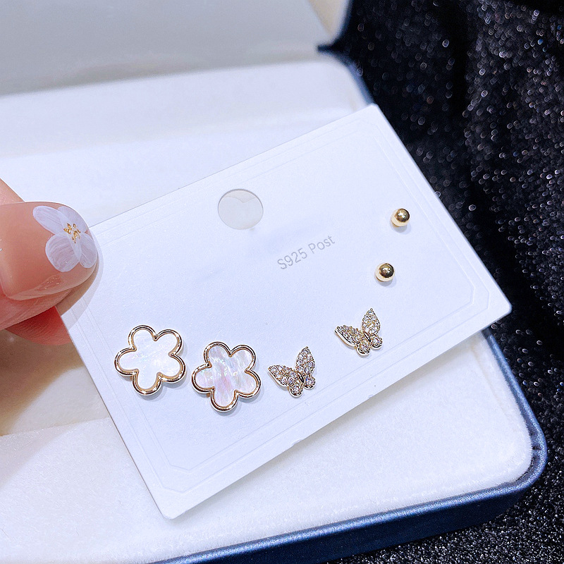 Simple Shell Flower Butterfly Copper Inlaid Zircon Stud Earrings 3 Set