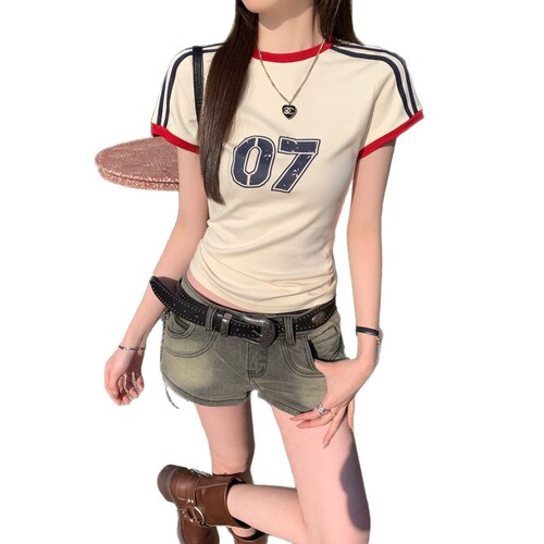 Summer Korean style temperament figure-fit contrasting bars American digital print short-sleeved T-shirt top