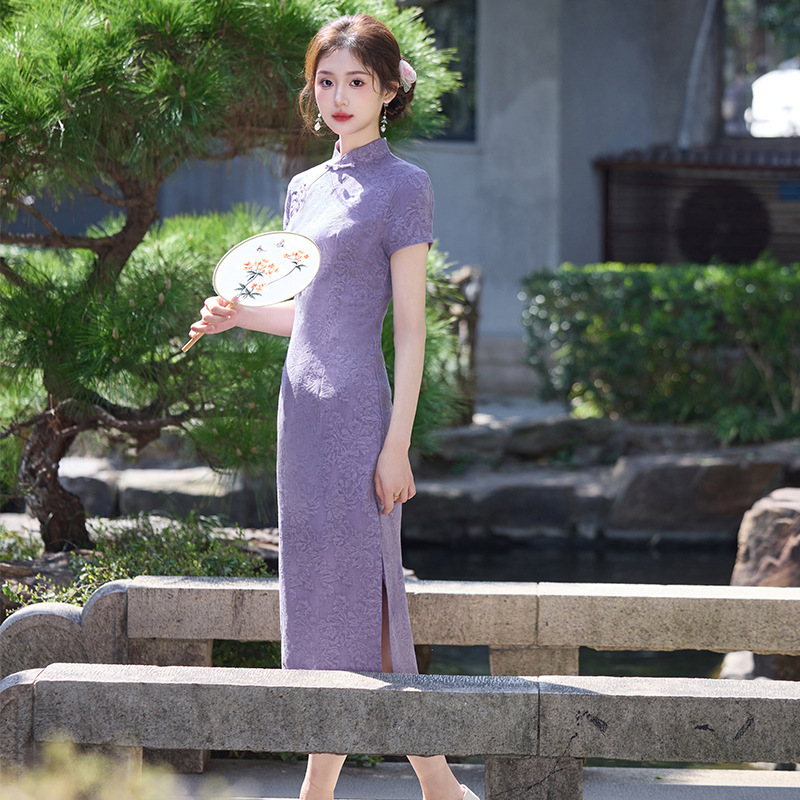 Purple New Chinoiserie Jacquard Improved Cheongsam Skirt for Women 2025 Spring and Summer Retro Waist Long Skirt Dress Can Be Worn Daily