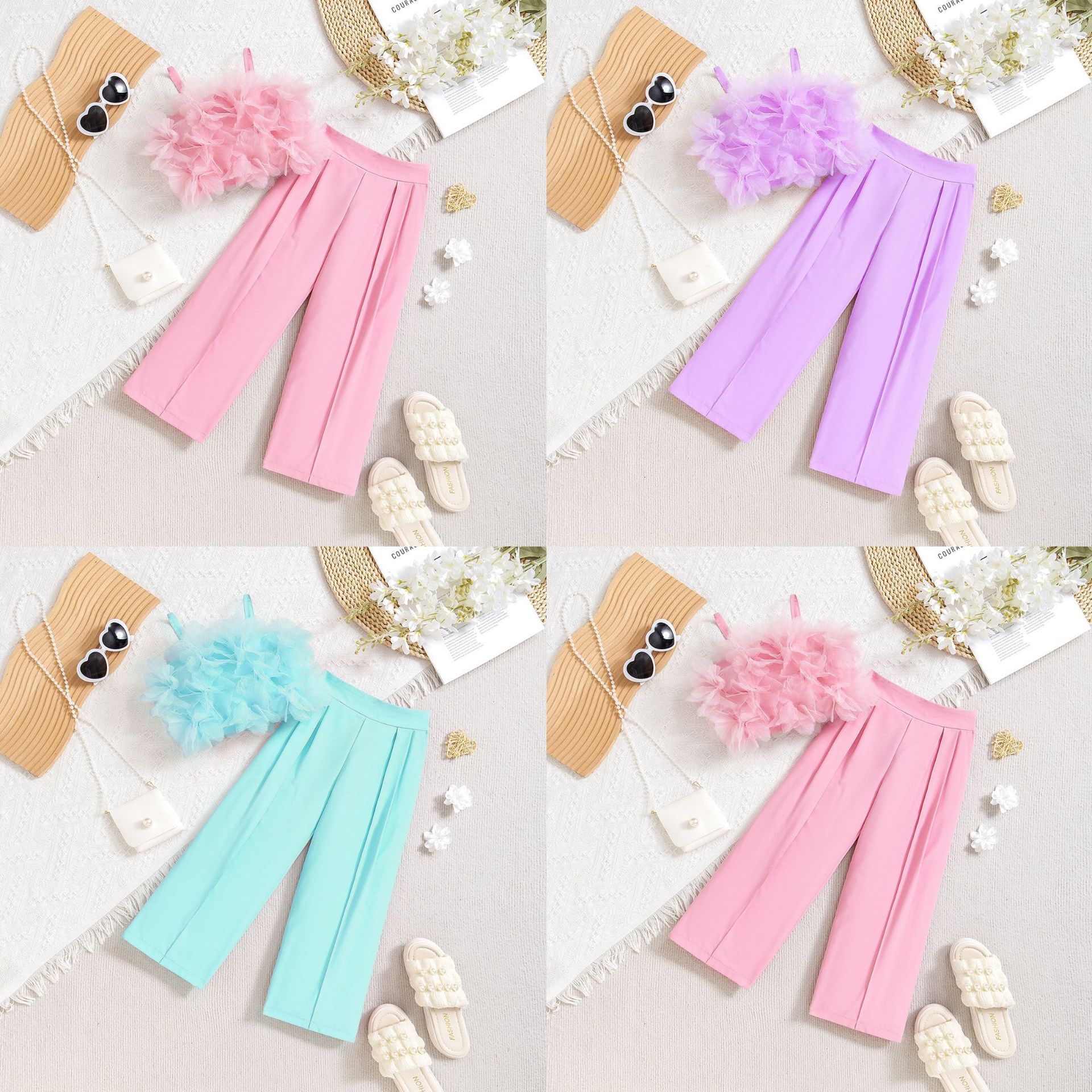 2025 Foreign Trade Cross-Border European and American Summer New Trendy Girls' Outfit Mesh Floral Vest Slim-Fit Suit Pants