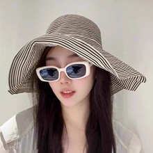 黑白条纹渔夫帽子女胶片日记优雅复古气质大帽檐遮阳帽户外太阳帽