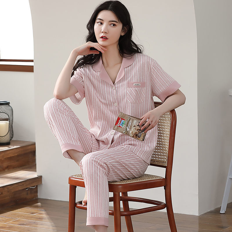 Pijamas de mujer primavera y verano 2023 nuevo 100% algodón cardigan pantalones de manga corta casual traje de desgaste para el hogar