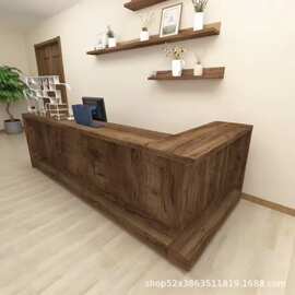 侘寂风老榆木吧台桌民宿酒店中式实木收银台公司接待桌柜台置物柜