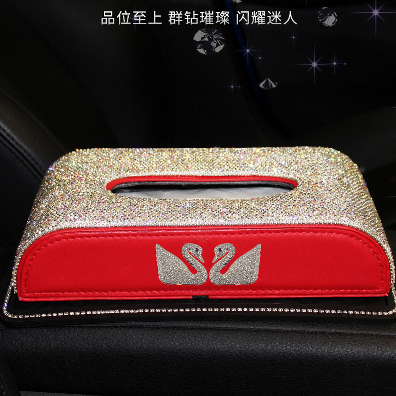 Caja de dibujo de doble cisne, caja de pañuelos de coche con diamantes, decoración de coche, consola central, caja de pañuelos, caja de reposabrazos, diamantes de imitación, mujer