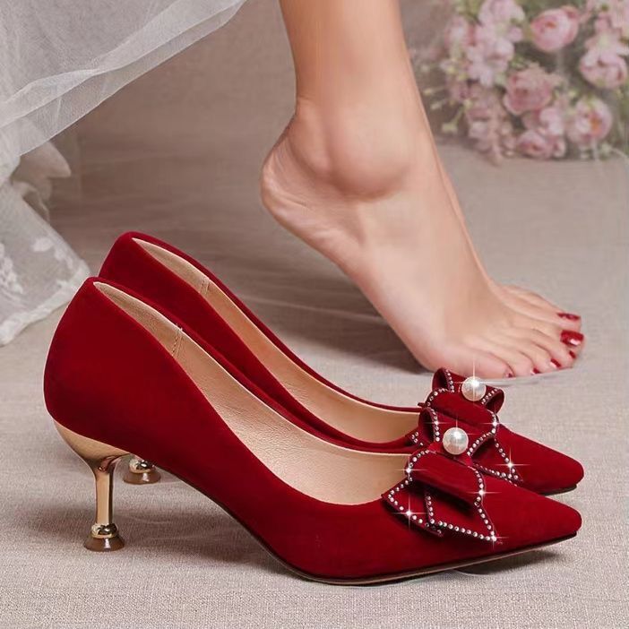 Wedding Dress New Style High Heels Stiletto Rhinestone Versatile Butterfly Wedding Shoes Two-Wear Xiuhe Pointed Toe Bride Red Wedding Dress New Style High Heels Stiletto Rhinestone Versatile Butterfly Wedding Shoes Two-Wear Xiuhe Pointed Toe Bride Red