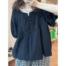 宽松娃娃衫上衣女夏季新款韩版圆领灯笼袖蕾丝系带遮肚子棉麻衬衫