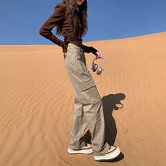 /卡其色阔腿工装裤女高腰显瘦运动休闲直筒裤子