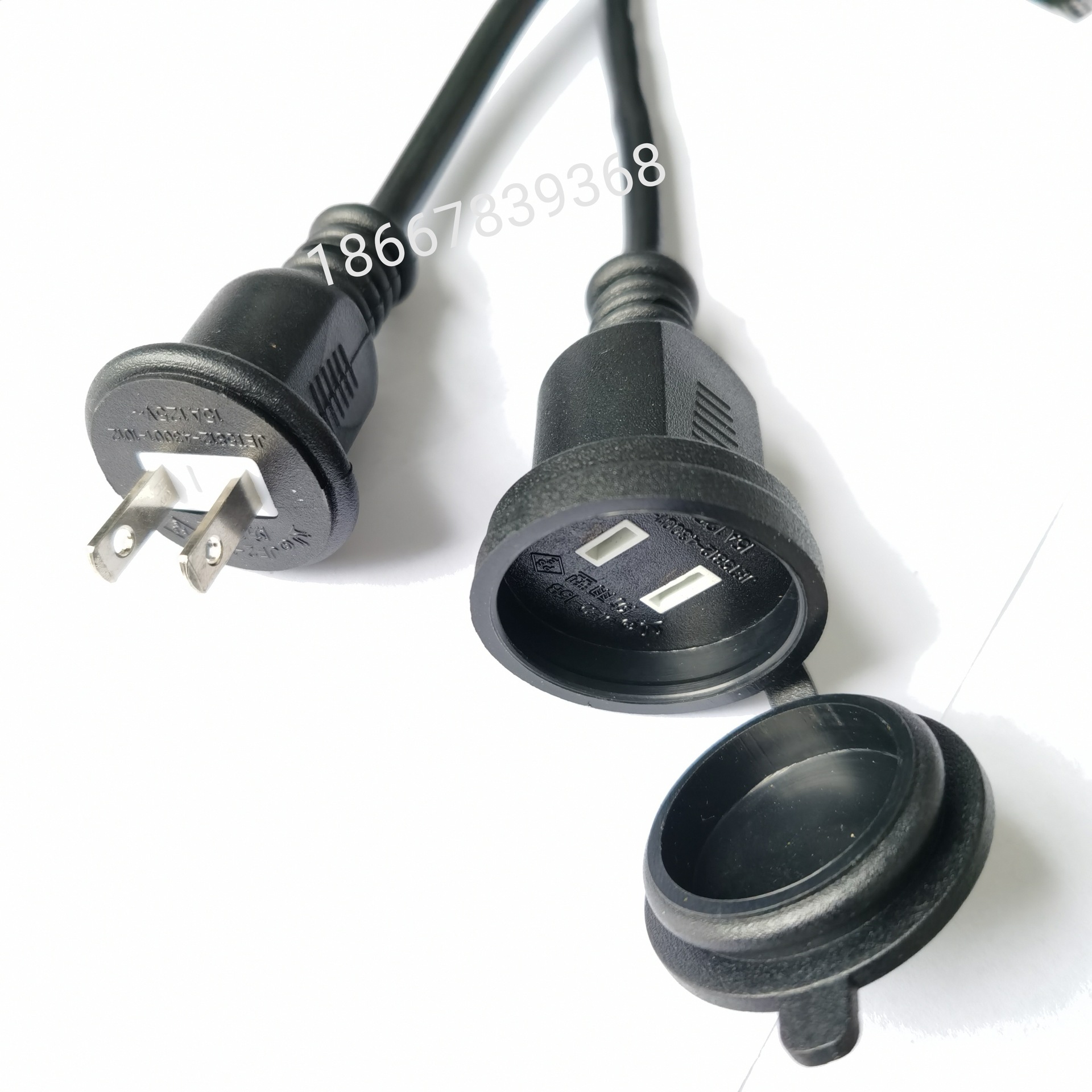 新款日标防水公母带盖尾座对插延长线 日本两芯防雨型插头电源线