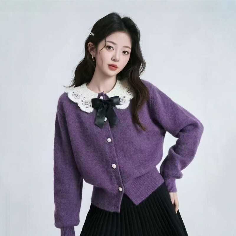 Sweet lace doll collar knitted cardigan for women, decorated with a bow, short style, soft and youthful, with a sense of atmosphere, long-sleeved top Sweet lace doll collar knitted cardigan for women, decorated with a bow, short style, soft and youthful, with a sense of atmosphere, long-sleeved top