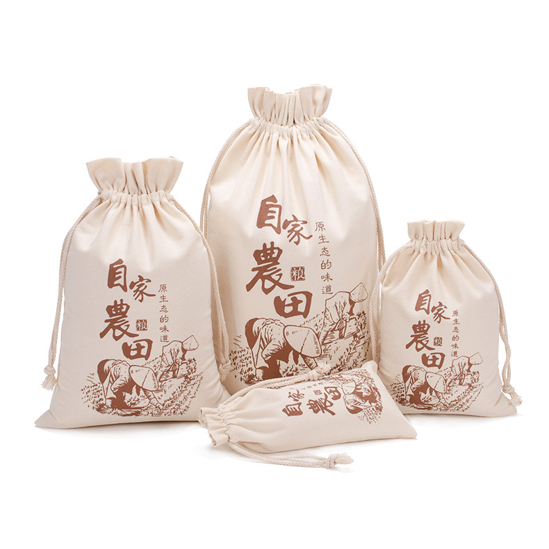 FUENTE Fábrica en blanco en stock algodón envasado arroz bolsa imprimible granos de arroz harina cordón bolsa de cordón