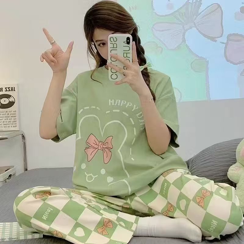 卸売パジャマ女性プラスサイズ 5XL ルーズ 2025 薄いクール半袖ズボン女の子ホームウェアセット|undefined
