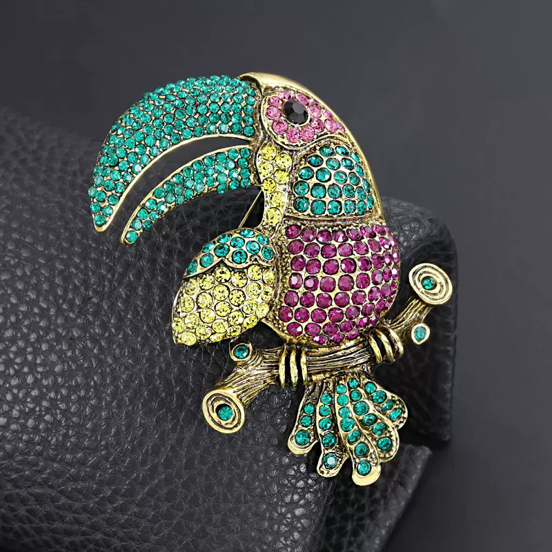 重工满钻合金大嘴鸟鹦鹉胸针女夸张大气动物别针跨境外贸服装胸花