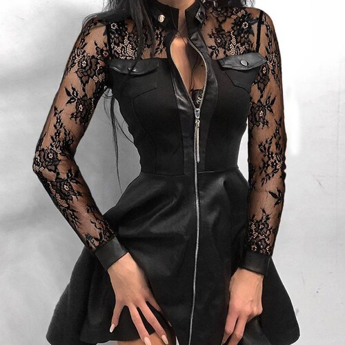 Autumn and winter new women's skirt—hot-selling European and American-style leather-mesh spliced waist-controlled dress