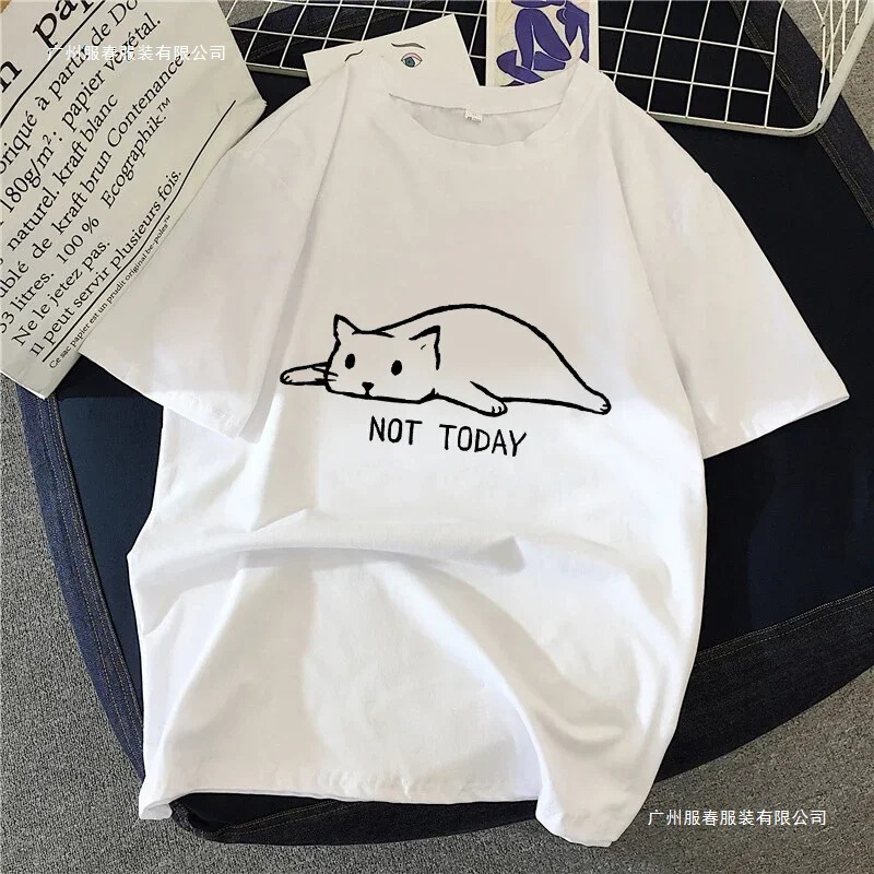 90S Graphic Rock T-Shirt for Women, Simple Cat Print T-Shirt, Harajuku Retro T-Shirt, Fashion Queen Women's T-Shirt, Round Neck