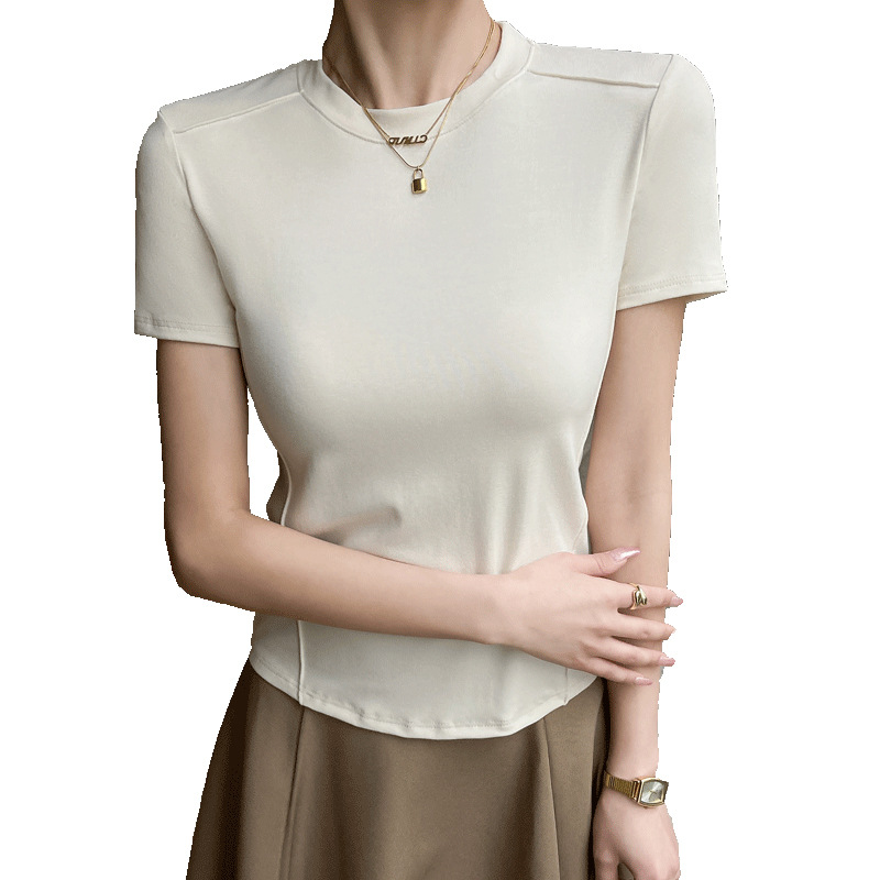 Q popular 280G modal hombro derecho espina de pescado cuello redondo Camiseta ajustada de manga corta para mujer verano 2024 top suelto