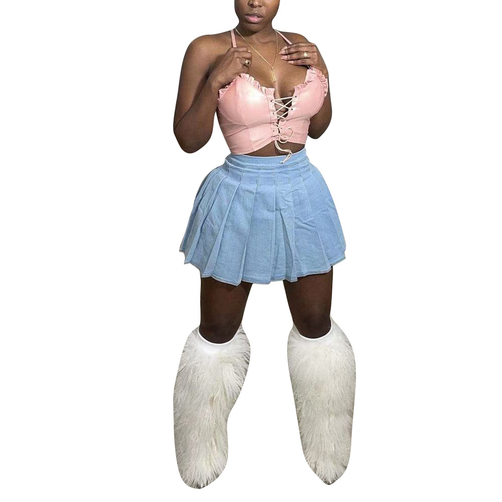 Women's Clothing fashion casual denim skirt pleated skirt ready for sale_voghion.com