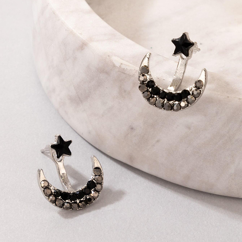simple black rhinestone star moon geometric alloy meniscus earrings