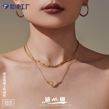 谜丽 精致立体爱心镶钻天使之翼锁骨链镀18k金双层叠戴刀片链组合