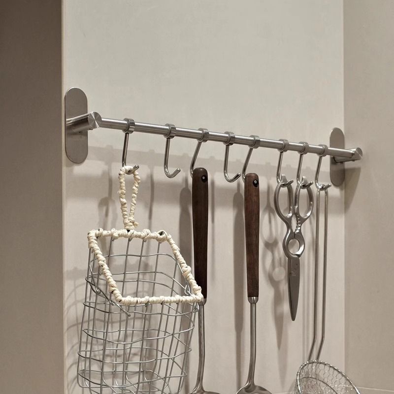 304 Stainless Steel Kitchen Hook Punch-Free Hanging Rod Wall-Mounted Storage Rack Nail-Free Single Rod Removable Row Hook