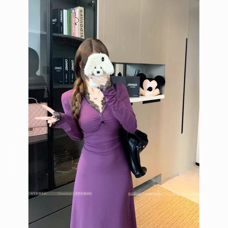 法式设计感蕾丝拼接紫色长袖连衣裙女修身内搭打底御姐包臀长裙子|undefined