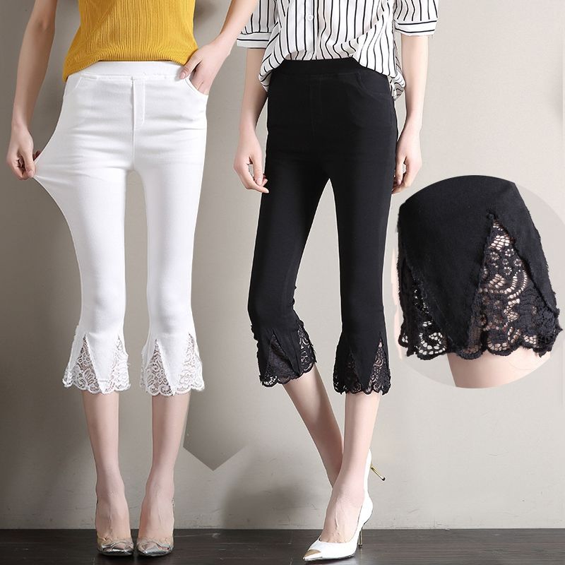 Women's Summer Thin Cropped Pants, Plus Size High-Waisted Leggings, Slimming Lace Flared Elastic Pants for Chubby Girls