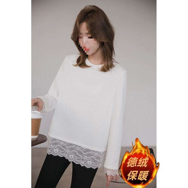 Кружевное шитье белая матовая футболка с бархатом нижняя рубашка женская зимняя свободная версия