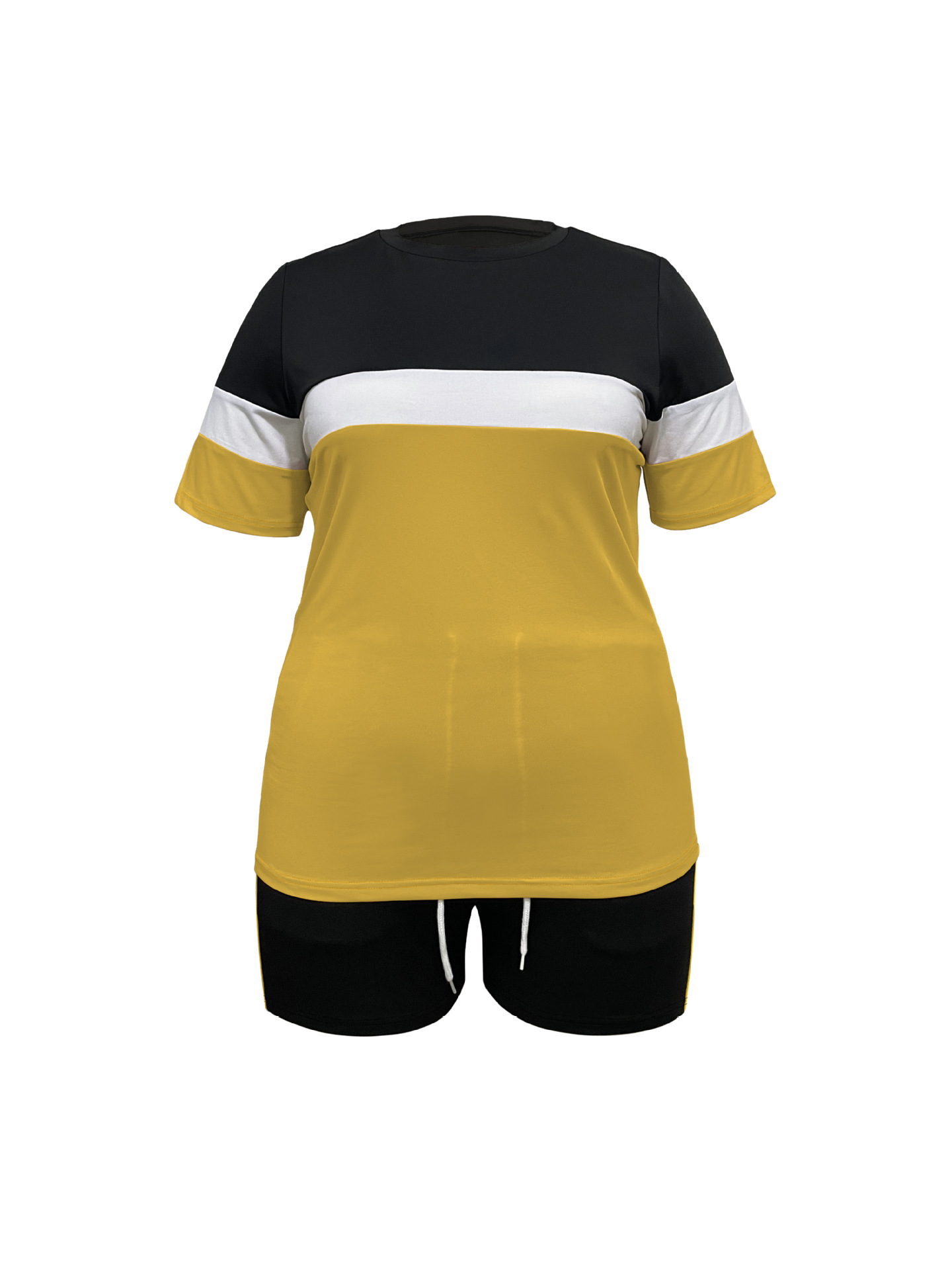 Women's Summer Sportswear Set Fashionable Color Block Crew Neck Short Sleeve T-Shirt Drawstring Shorts 2 Piece Outfit_ecoleips.com