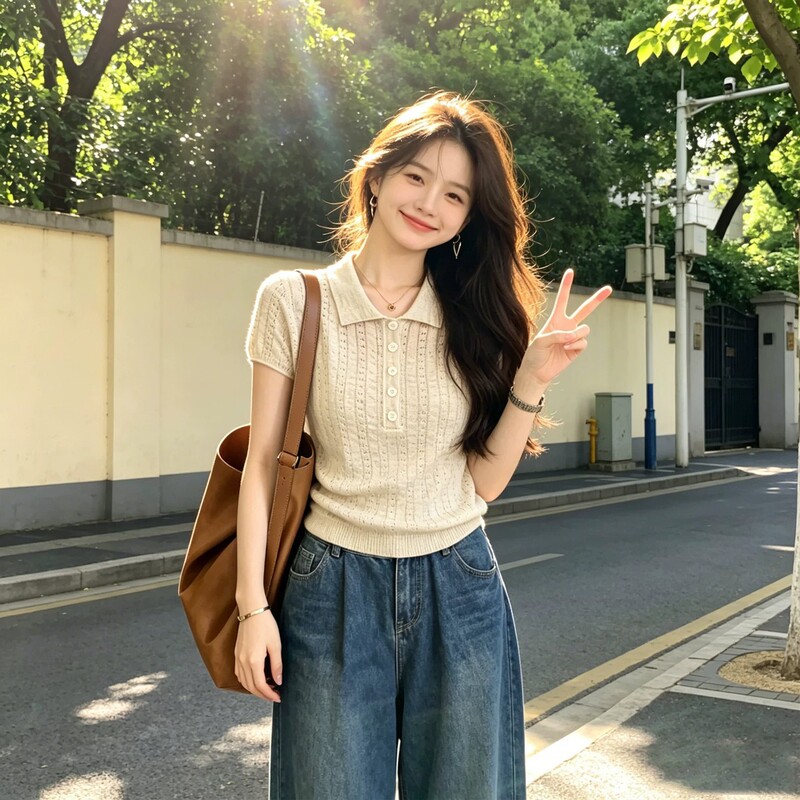 Korean-Style Casual Polo Collar Short-Sleeve Knit T-Shirt for Women, Summer Slim Fit, Flattering, Versatile, Lightweight Top