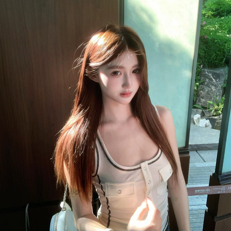 Pure Desire Style Color-Blocking Contrast Stitching Camisole for Women, Summer White Square Neck Pocket Design, Waist-Cinching Slim-Fit Sleeveless Tank Top